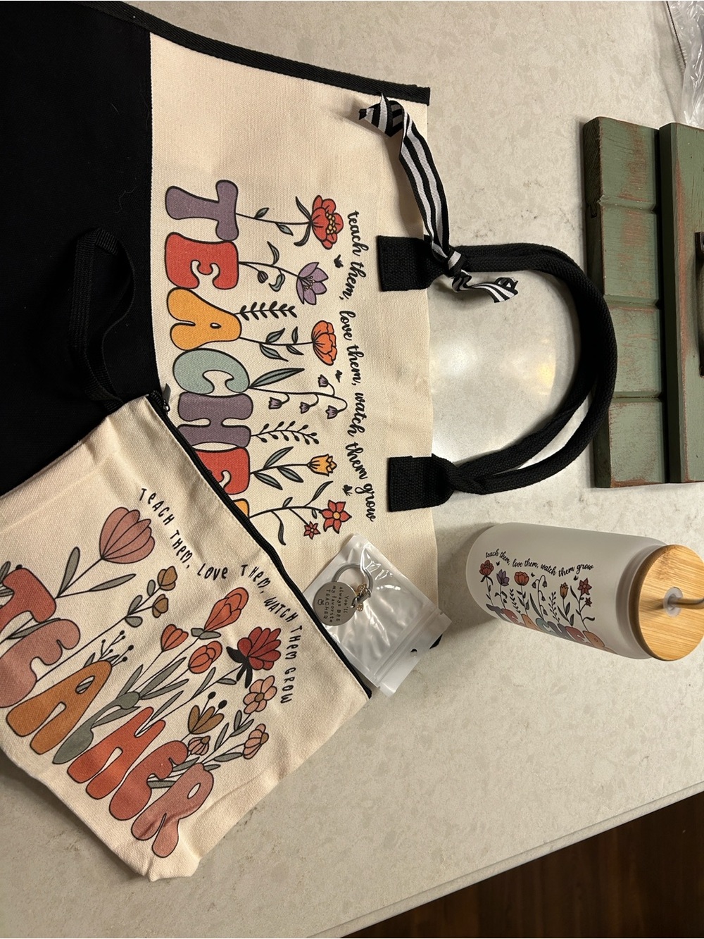 Canvas 'Teach, Tend, Love' Floral Tote Bag and Accessories - Cream